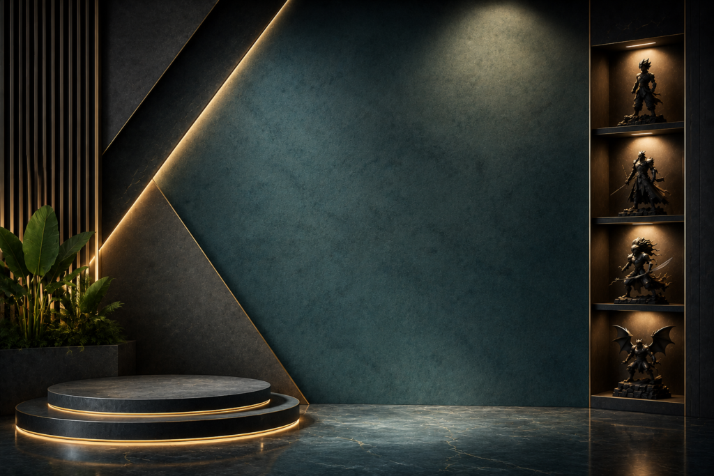Deep teal texture with gold accent for cinematic icon figures